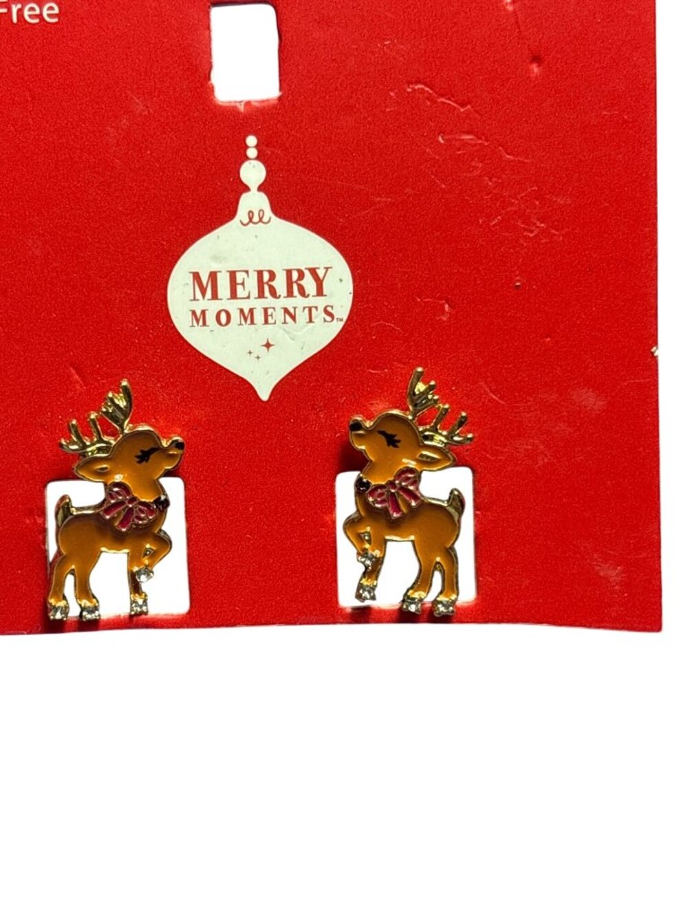 Merry Moments Enamel Reindeer Stud Earrings Goldtone Clear Rhinestones New